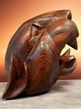 Large Vintage mid century Carved
Wooden Jaguar Head Art.